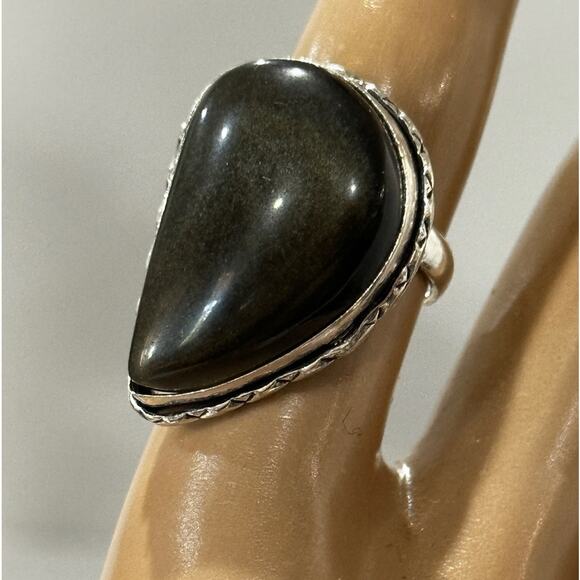 Gold, sheen, obsidian, silver plated, ring, adjustable, handmade, stamped 925 - Picture 1 of 6